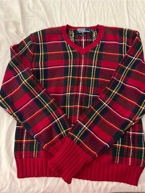 Ralph Lauren Red Plaid V-Neck Sweater